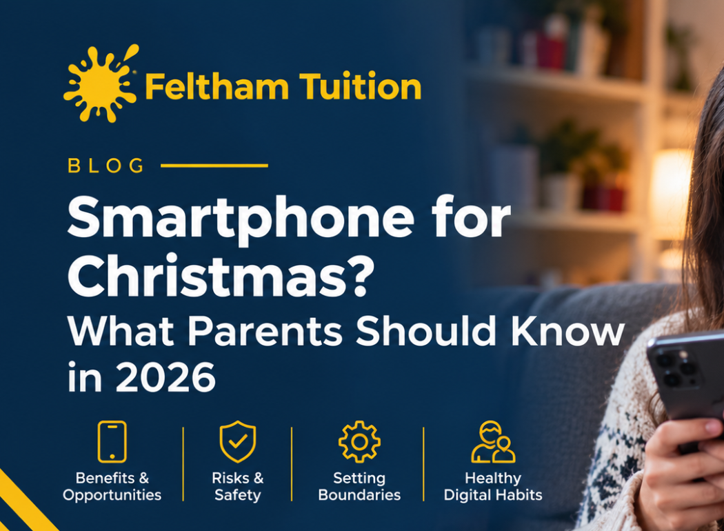 Parent and child talking at the kitchen table with a mobile phone between them