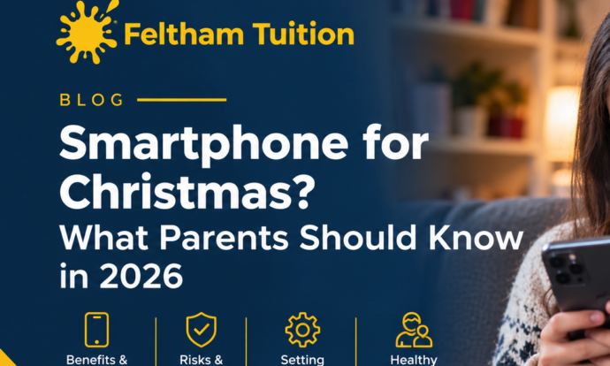 Parent and child talking at the kitchen table with a mobile phone between them